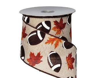 1.5" or 2.5" x 10yds Natural Linen Fall Leaf Football Ribbon