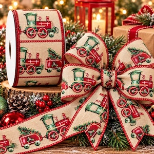 Christmas Train Burlap Ribbon - 2.5" x 10 Yds - Wired Christmas Ribbon