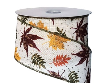 2.5" x 10yds Cream Ribbon with Colorful Leaves - Wired Autumn Ribbon