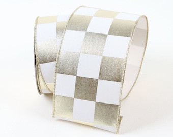 May include: Gold and white checked ribbon with a satin finish. The ribbon is rolled up and ready to be used for crafting or decorating.