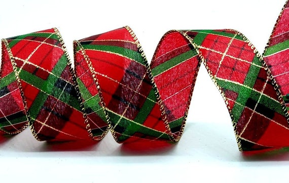 Dark Green and Gold Christmas Tartan Check Ribbon 1.5 inches wide x 10yds Red