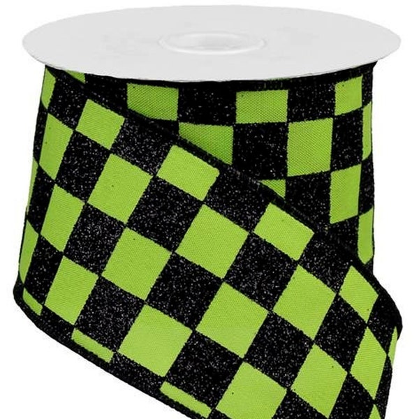 2.5" x 10yd Lime Green & Black Glitter Race Check Ribbon, Wired Halloween Ribbon