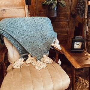 May include: A light blue knitted throw blanket with white tassels draped over a beige armchair with a tufted back. The chair is in front of a wooden door with a small potted plant hanging from a hook.
