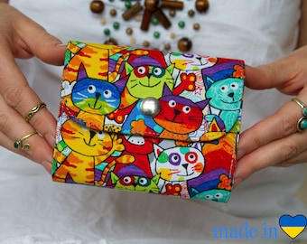 Handmade Cotton Cat Wallet: Small Vegan Mini Clutch