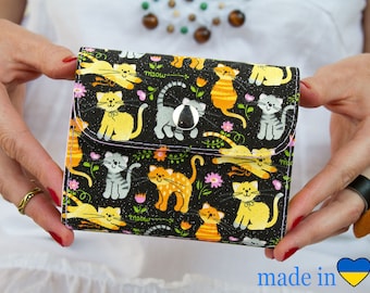 Handmade Cotton Mini Wallet: Vegan Small Clutch with Cat Print