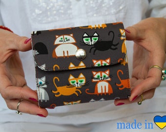 Handmade Cotton Mini Wallet: Vegan Small Clutch with Cat Print