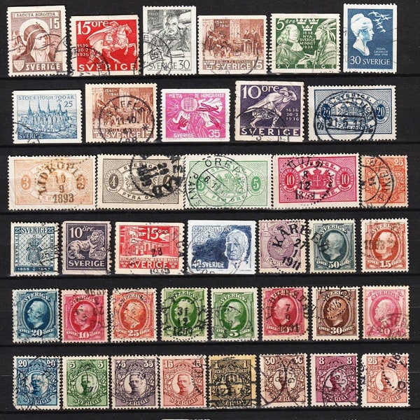 Vintage SWEDEN Postage Stamps 55 Stamps Lot Swedish Bundle Classics Postal Cancellations Some With Dates