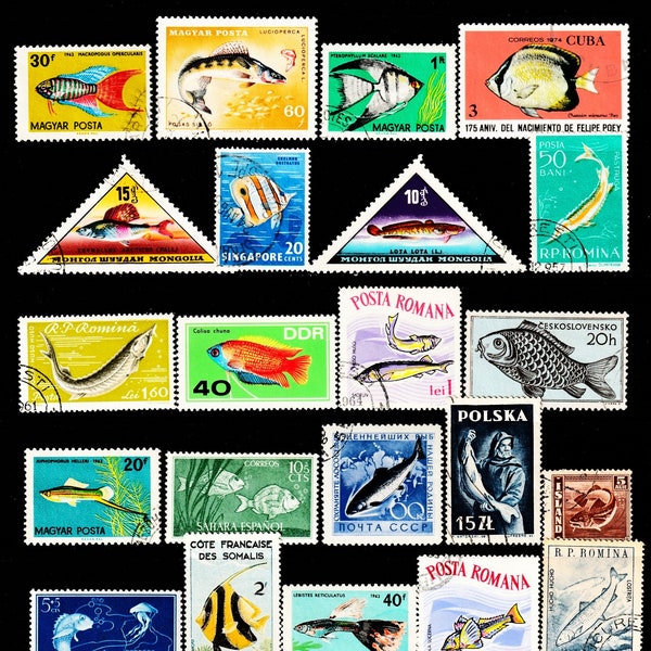 25 FISH Worldwide Stamps Vintage Colorful Fishes Stamps For Crafts Collage Stickers Journal Altered Art Tags Scrapbooks