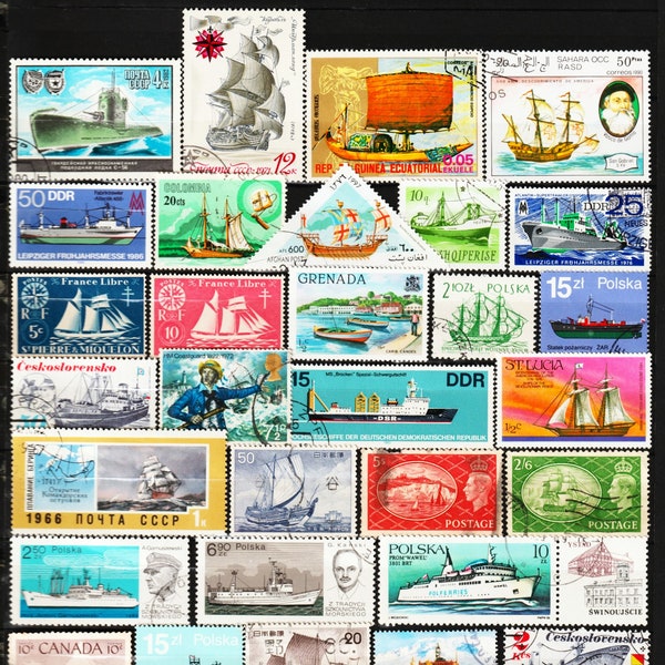 35 BOATS Worldwide Postage Stamps History Of Sailing Ships Submarine Barge Schooner Fishing Boat Ferry Antarctic Explorer Cargo Ship Canoe