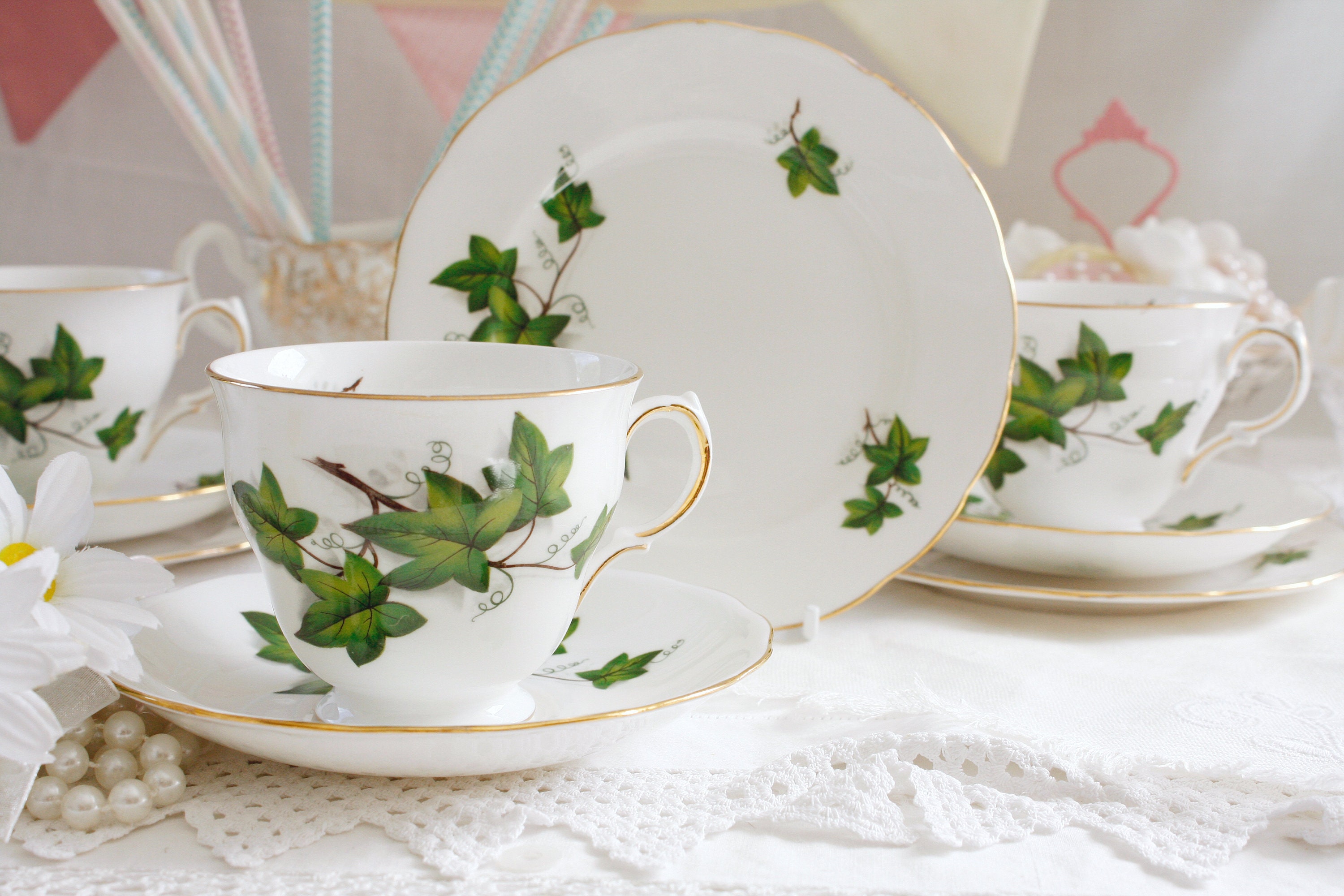 Crown Royal English tea set decorated with garden ivy this Etsy