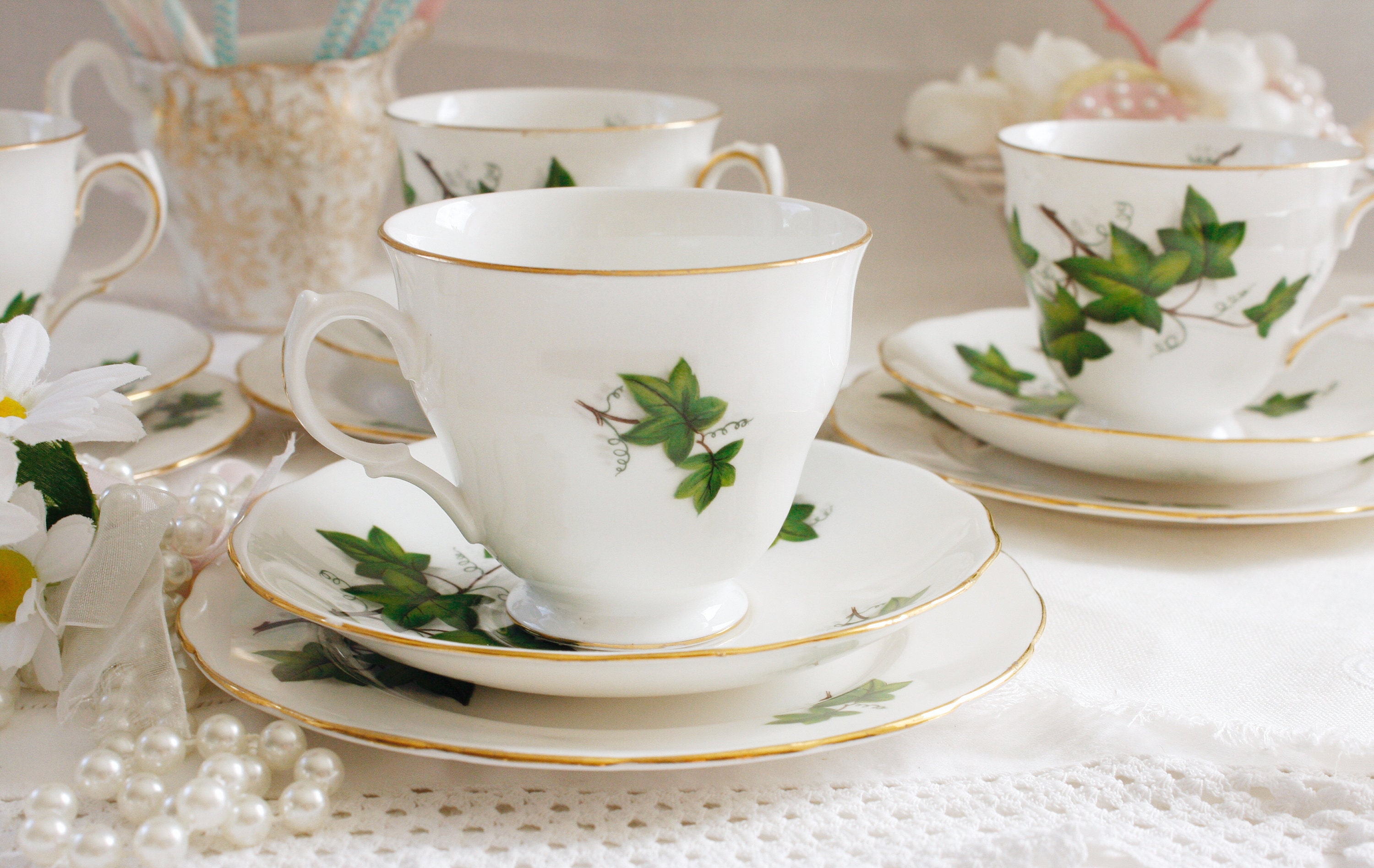 Crown Royal English tea set decorated with garden ivy this Etsy