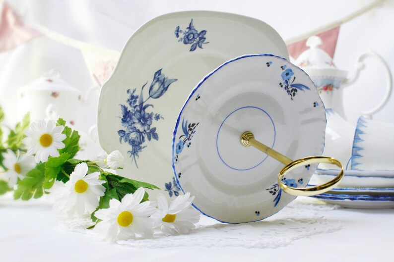 Handpainted top tier and blue rose base. Vintage blue 2 tier dessert stand 2 tier bone china cake stand cupcake display