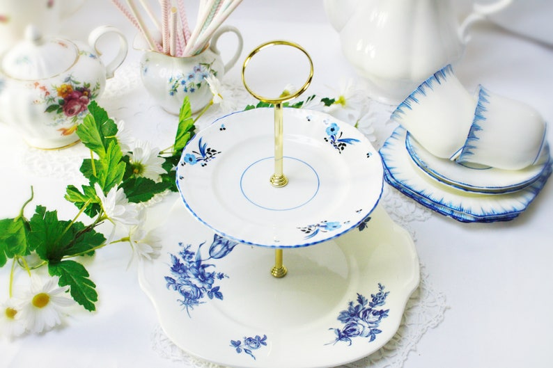Handpainted top tier and blue rose base. Vintage blue 2 tier dessert stand 2 tier bone china cake stand cupcake display