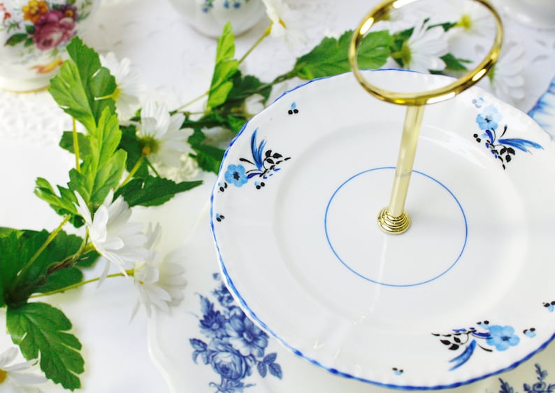 Handpainted top tier and blue rose base. Vintage blue 2 tier dessert stand 2 tier bone china cake stand cupcake display