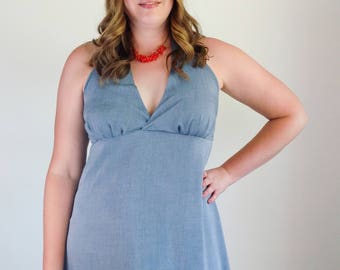 Women's extra tall halter neck dress extra long chambray sundress adjustable neckties rayon chambray knee length blue summer dress denim