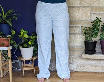 Women's extra tall flannel pajama pants extra long pj pants ice blue floral on white flannel pjs custom inseam pyjamas 35-39" inseam