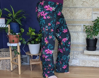 Women's extra tall pajama pants extra long pj pants deep navy pink teal floral cotton pjs custom inseam pyjamas 35-39" inseam dark floral