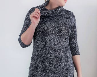 Women's extra tall cowl neck sweater dress extra long cowl winter dress 3/4 sleeve sweater dress black and silver grey marl heather print