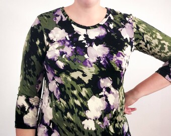 Women's extra tall 3/4 sleeve tee extra long purple and mossy green large abstract floral print t-shirt