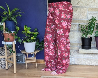 Women's extra tall pajama pants extra long pj pants deep cranberry red floral cotton pjs custom inseam pyjamas 35-39" inseam dark floral