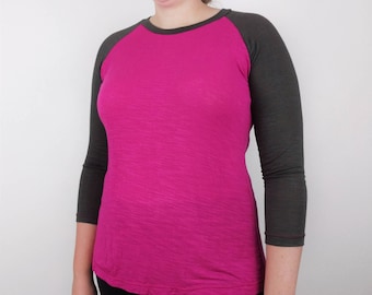 Women's extra tall baseball tee extra long fuschia and grey 3/4 sleeve raglan tee