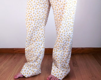 Women's 2XL extra tall pajama pants extra long pj pants winter white pjs mustard flower custom inseam pyjamas golden yellow ditsy floral