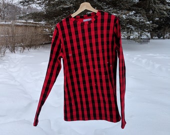 Women's extra tall long sleeve tee extra long red and black buffalo plaid print jersey long-sleeved basic tee with custom neckline options