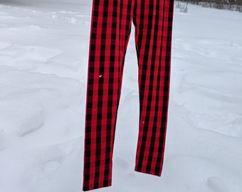 Women's extra tall leggings red and black buffalo plaid extra long 37" inseam basic cotton spandex leggings