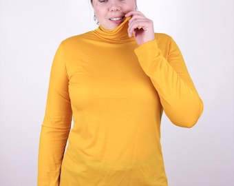 Women's extra tall golden wool turtleneck extra long mustard washable wool lycra jersey long-sleeved turtleneck sweater pullover jumper