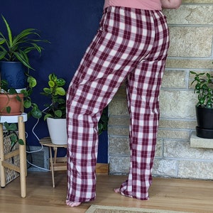 Women's extra tall flannel pajama pants extra long pj pants burgundy old rose ivory plaid flannel pjs custom inseam pyjamas 35-39 inseam image 6