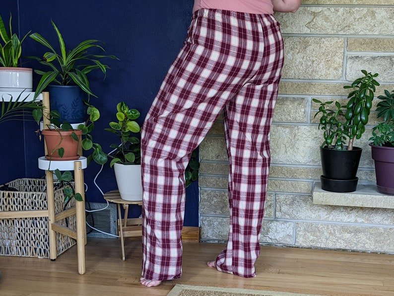 Women's extra tall flannel pajama pants extra long pj pants burgundy old rose ivory plaid flannel pjs custom inseam pyjamas 35-39 inseam image 6