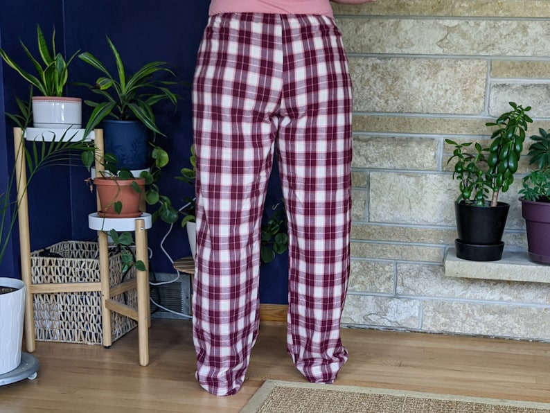 Women's extra tall flannel pajama pants extra long pj pants burgundy old rose ivory plaid flannel pjs custom inseam pyjamas 35-39 inseam image 7