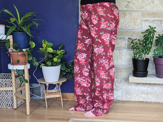 Women's Extra Tall Pajama Pants Extra Long Pj Pants Deep Cranberry Red  Floral Cotton Pjs Custom Inseam Pyjamas 35-39 Inseam Dark Floral 