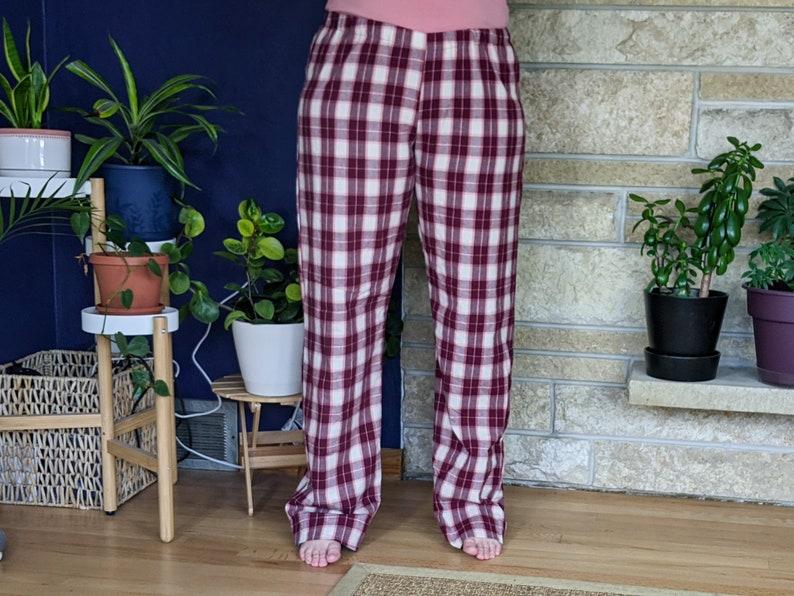 Women's extra tall flannel pajama pants extra long pj pants burgundy old rose ivory plaid flannel pjs custom inseam pyjamas 35-39 inseam image 2