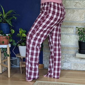 Women's extra tall flannel pajama pants extra long pj pants burgundy old rose ivory plaid flannel pjs custom inseam pyjamas 35-39 inseam image 1