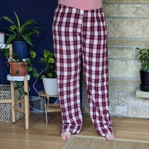 Women's extra tall flannel pajama pants extra long pj pants burgundy old rose ivory plaid flannel pjs custom inseam pyjamas 35-39 inseam image 4