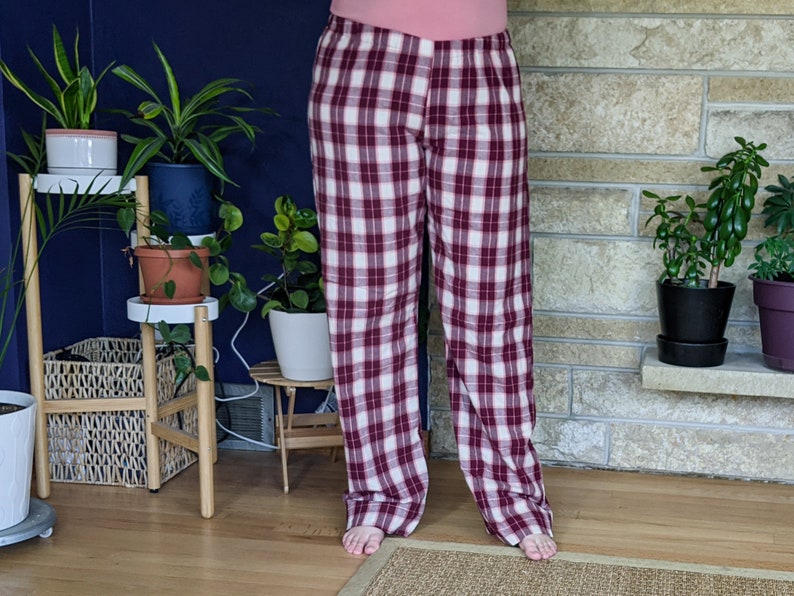 Women's extra tall flannel pajama pants extra long pj pants burgundy old rose ivory plaid flannel pjs custom inseam pyjamas 35-39 inseam image 4