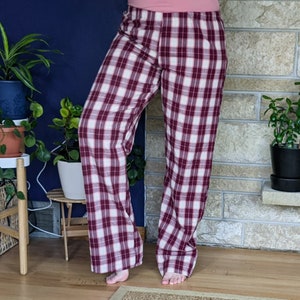 Women's extra tall flannel pajama pants extra long pj pants burgundy old rose ivory plaid flannel pjs custom inseam pyjamas 35-39 inseam image 3