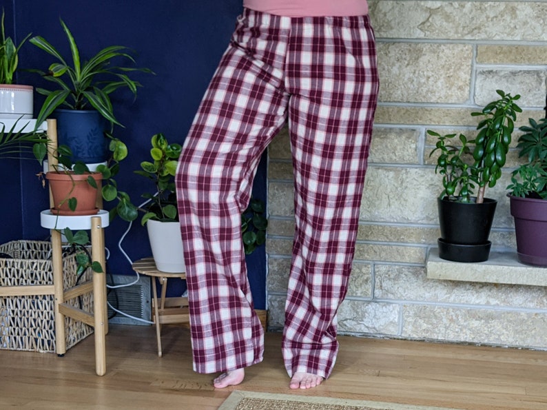 Women's extra tall flannel pajama pants extra long pj pants burgundy old rose ivory plaid flannel pjs custom inseam pyjamas 35-39 inseam image 3