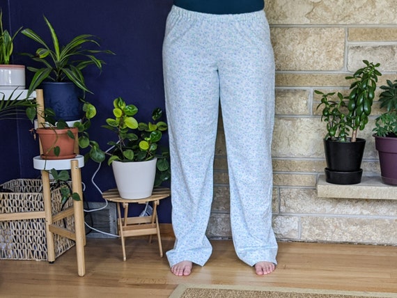 Women's Extra Tall Flannel Pajama Pants Extra Long Pj Pants Ice Blue Floral  on White Flannel Pjs Custom Inseam Pyjamas 35-39 Inseam 