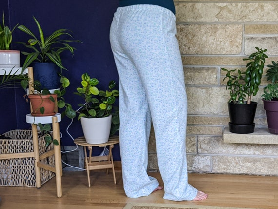 Women's Extra Tall Flannel Pajama Pants Extra Long Pj Pants Ice Blue Floral  on White Flannel Pjs Custom Inseam Pyjamas 35-39 Inseam 
