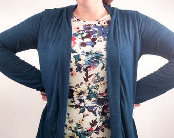 Women's extra tall marine blue long-sleeved cardigan extra long medium blue lightweight sweaterknit cardi