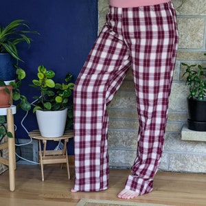 Women's extra tall flannel pajama pants extra long pj pants burgundy old rose ivory plaid flannel pjs custom inseam pyjamas 35-39 inseam image 5