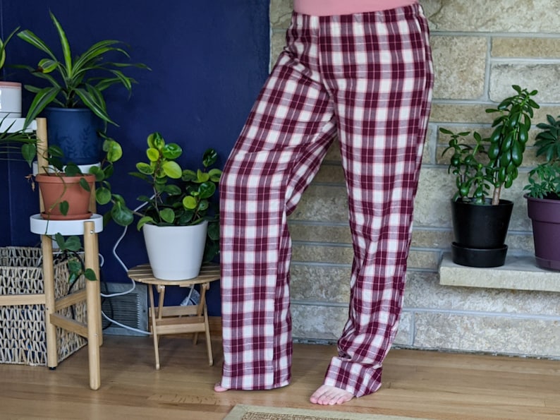Women's extra tall flannel pajama pants extra long pj pants burgundy old rose ivory plaid flannel pjs custom inseam pyjamas 35-39 inseam image 5
