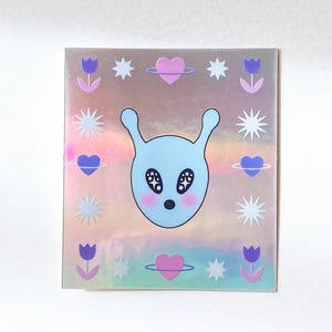 Holographic framed alien sticker - ovni sticker - cosmic - space and flowers