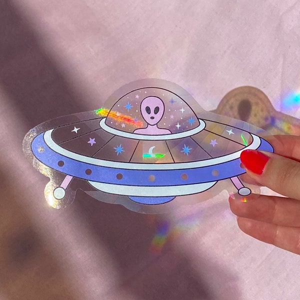 Sticker suncatcher soucoupe volante avec alien - UFO - sticker attrape soleil - galaxie - sticker extraterrestre - espace