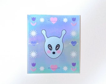 Holographic framed alien sticker - ovni sticker - cosmic - space and flowers