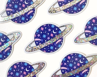 Saturn-Planeten-Aufkleber – Galaxie – kosmischer Aufkleber – holografischer Glitzeraufkleber – Weltraum