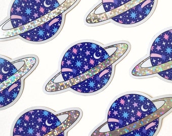 Sticker Planet Saturn - Galaxie - kosmischer Aufkleber - holografischer Glitzeraufkleber - Weltraum