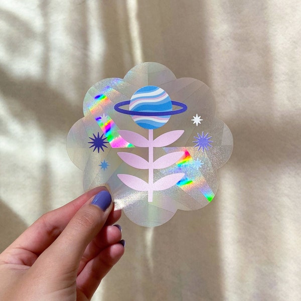 Sticker suncatcher fleur planète - sticker attrape soleil - galaxie - sticker cosmique - espace - saturne - sticker attrape soleil